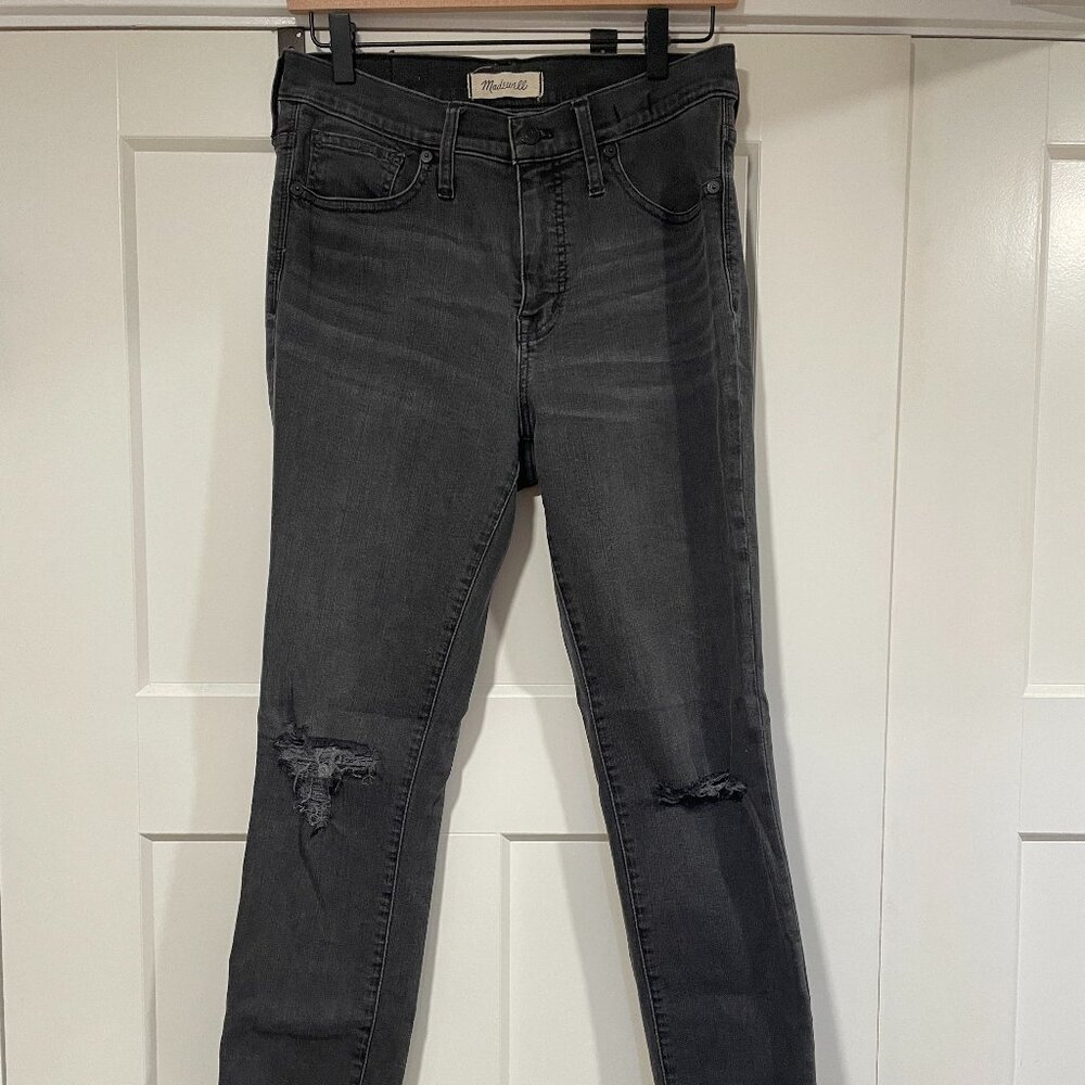 Madewell Distressed, Black Skinny Jeans with Frayed Cuffs, 28